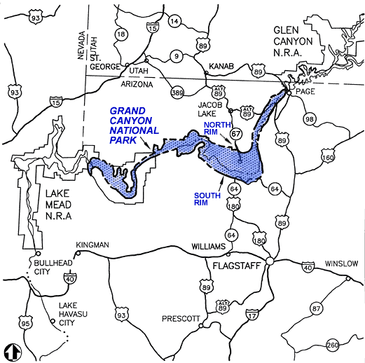 This map shows the roads that lead to Grand Canyon National Park.